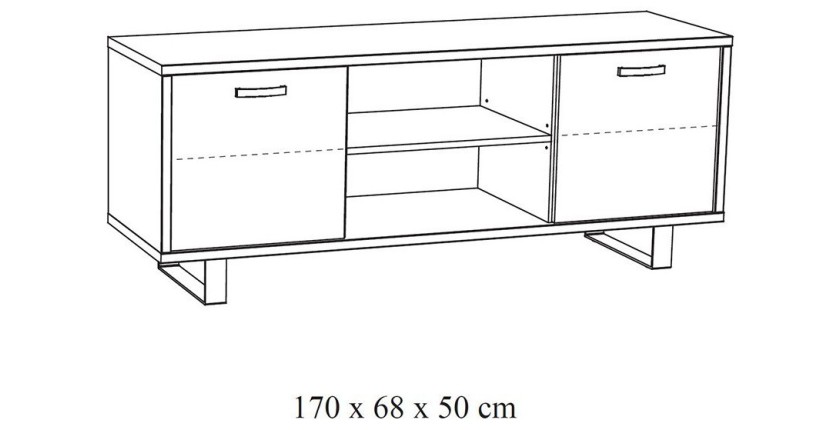 Meuble TV 170cm coloris chêne clair avec 2 tiroirs et 2 niches collection NEWTON. Pieds en métal