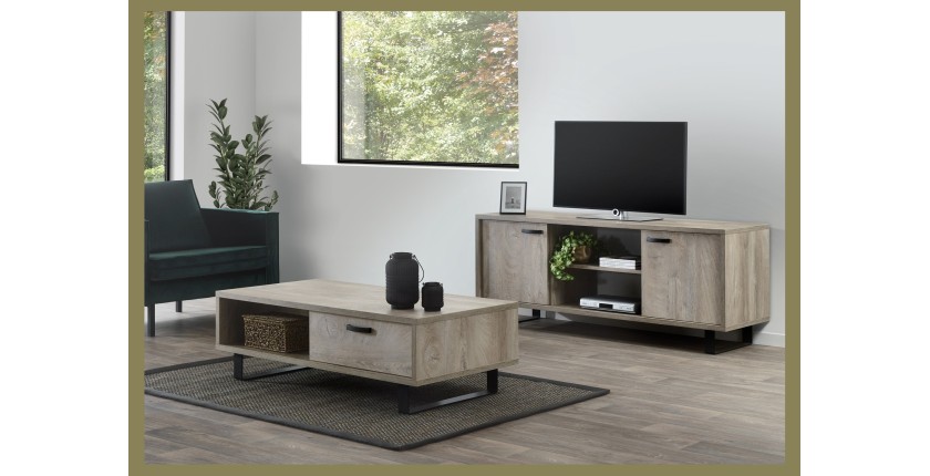 Meuble TV 170cm coloris chêne clair avec 2 tiroirs et 2 niches collection NEWTON. Pieds en métal