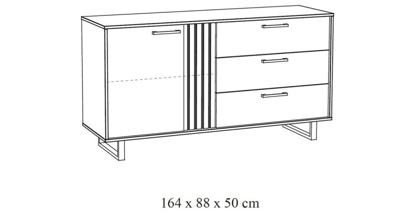 Buffet design 165cm avec 1 porte et 3 tiroirs pour salon couleur chêne clair collection LOFT pieds en métal.