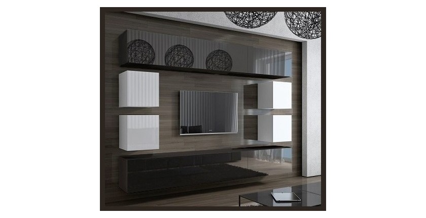 Ensemble de meubles de salon noir et blanc suspendus collection CEPTO XVII 249cm, 10 meubles, leds, modulables.