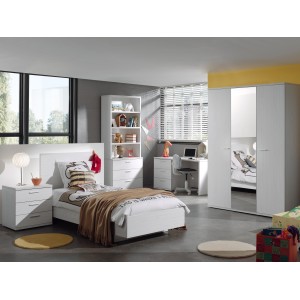 Chambre enfant, ado robuste collection OLGA, lit, armoire, bureau, commode et chevet, blanc effet bois