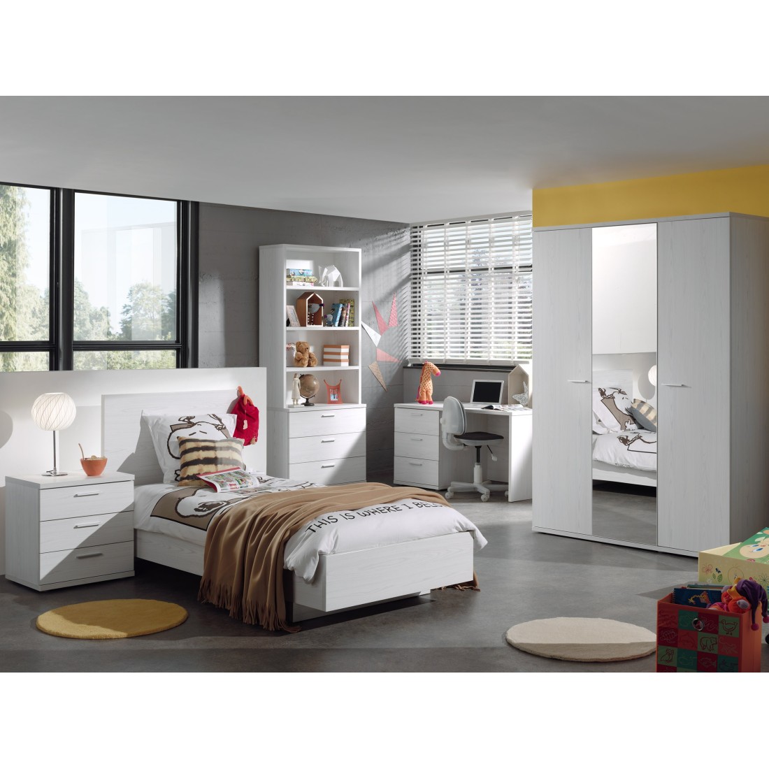 Chambre enfant, ado robuste collection OLGA, lit, armoire, bureau, commode et chevet, blanc effet bois