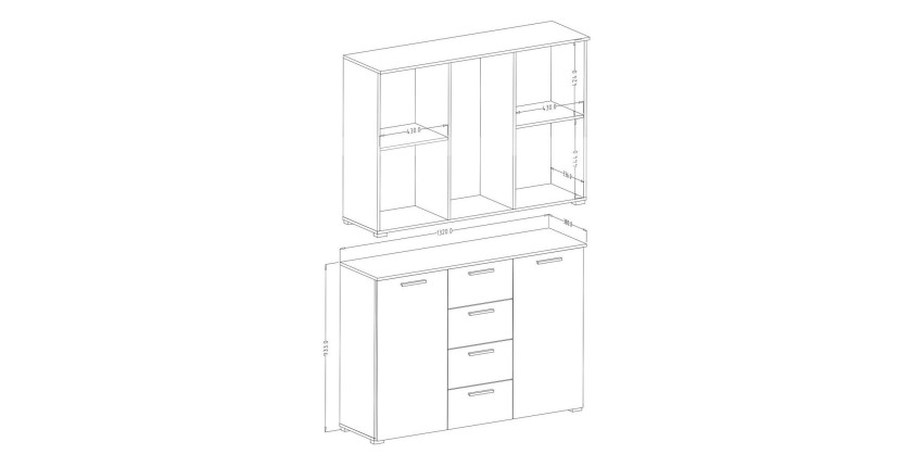 Commode design 2 portes et 4 tiroirs 130cm. Collection FLOYD effet bois blanc