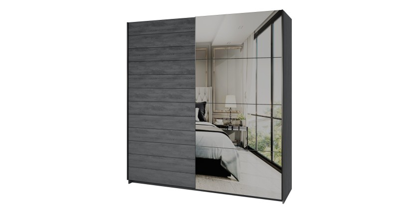 Armoire 2 portes coulissantes 200cm Coloris gris effet bois avec miroir. Collection FLOYD