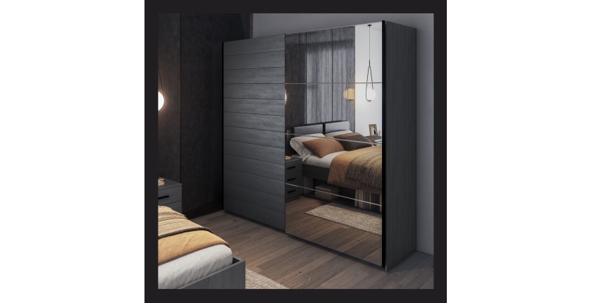 Armoire 2 portes coulissantes 220cm Coloris gris effet bois avec miroir. Collection FLOYD