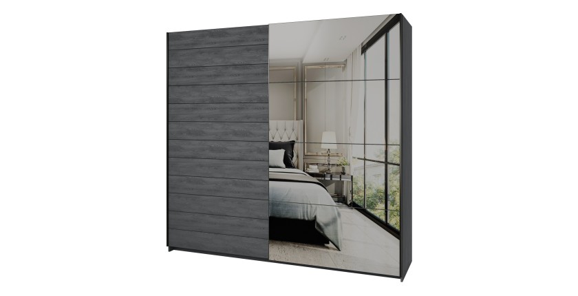 Armoire 2 portes coulissantes 220cm Coloris gris effet bois avec miroir. Collection FLOYD