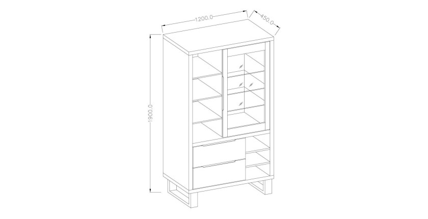 Vitrine, argentier, vaisselier MILO. Coloris chêne avec finition noire. Meuble idéal pour votre salle à manger.