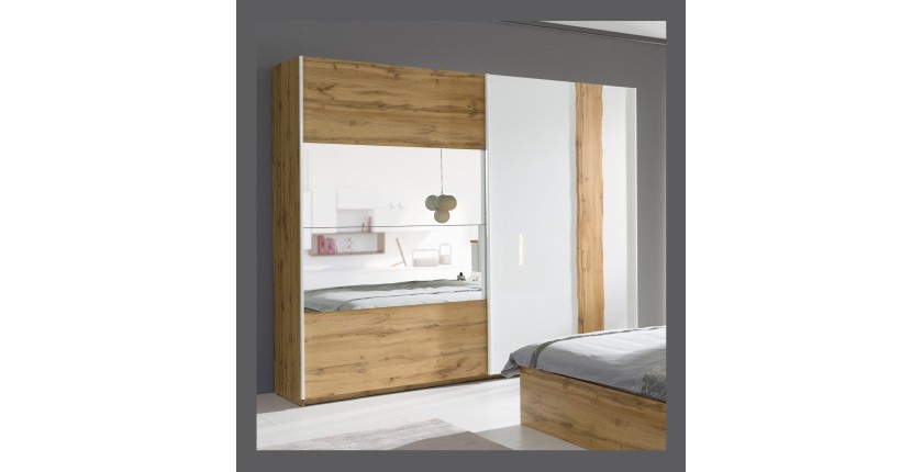 Armoire, garde robe WOOD deux portes coulissantes 250 cm. Coloris chêne et blanc brillant. Meuble pour chambre à coucher