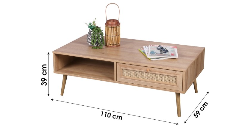 Table basse robuste coloris chêne clair. Pieds en bois brute, dimensions 59x39x110cm