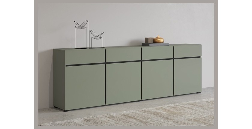 Buffet XL coloris vert sauge 225cm collection HAVANA. Bahut  design avec 4 portes et 4 tiroirs.