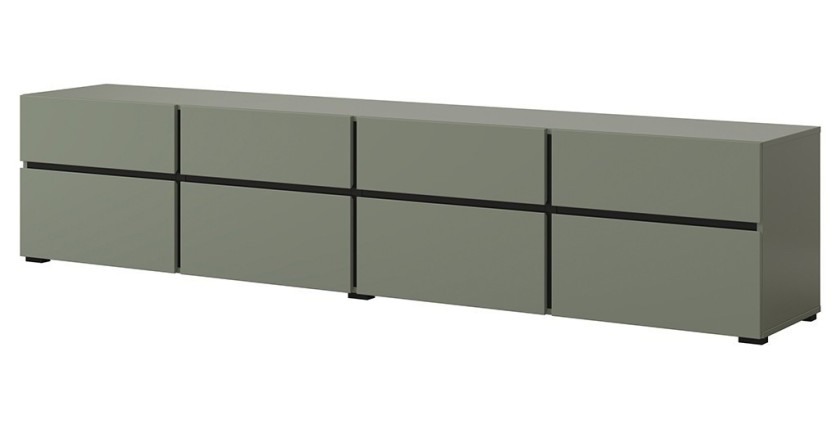 Meuble TV XL coloris vert sauge et noir 225cm collection HAVANA. Meuble design avec 4 portes et 4 tiroirs.