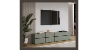 Meuble TV XL coloris vert sauge et noir 225cm collection HAVANA. Meuble design avec 4 portes et 4 tiroirs.