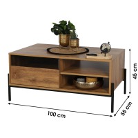 Table basse coloris chêne foncé style rustique. Pieds en métal noir, dimensions 60x49x110cm