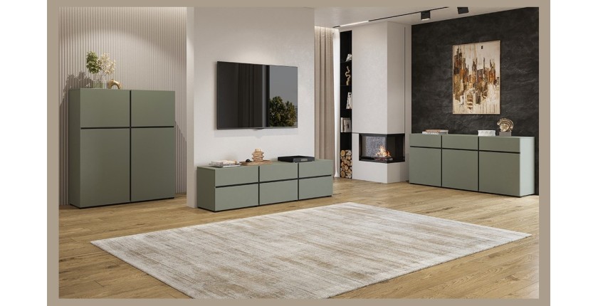 Meuble TV coloris vert sauge 180cm collection HAVANA. Meuble design avec 3 portes et 3 tiroirs.