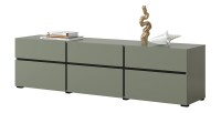 Meuble TV coloris vert sauge 180cm collection HAVANA. Meuble design avec 3 portes et 3 tiroirs.