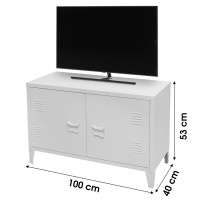 Meuble TV blanc style industriel avec 2 portes en métal 100x40xH53cm