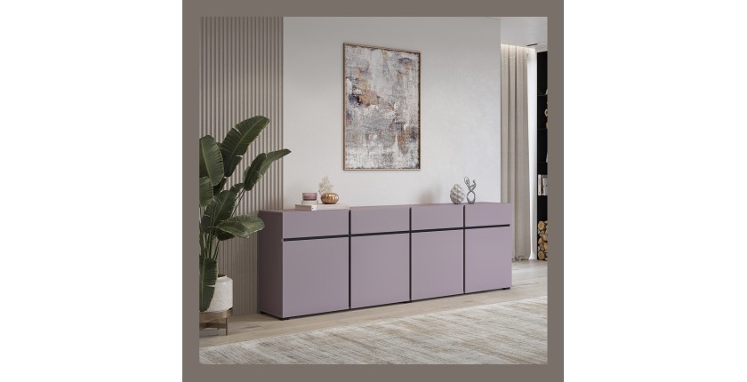 Buffet XL coloris violet pastel 225cm collection HAVANA. Bahut  design avec 4 portes et 4 tiroirs.