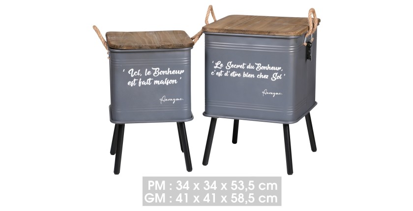 Ensemble de 2 tables caissette métal avec pied et anse en corde, coloris gris dimensions 41x41x59cm