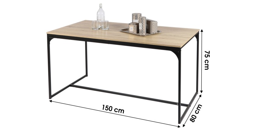 Table à manger style classique coloris chêne clair avec pied en métal noir dimensions 150x80xH75cm