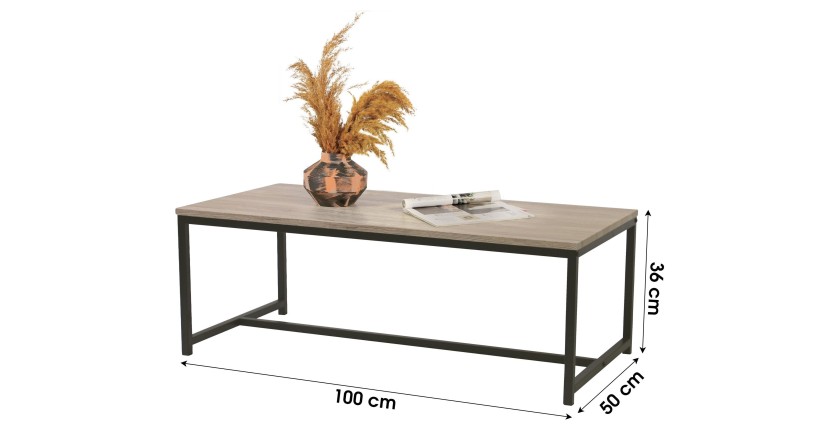 Table basse coloris chêne clair style classique avec pied en métal noir dimensions 100x50x36cm