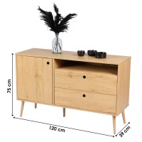 Buffet une porte, une niche et deux tiroirs, style classique coloris chêne clair dimensions 120x39x75cm