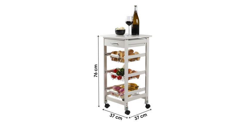 Desserte de rangement blanche sur roulettes avec 3 panières - dimensions 37x37x76cm