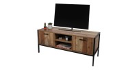 Meuble TV style rustique coloris chêne foncé avec 2 portes et 2 niches - dimensions 124x40xH49cm