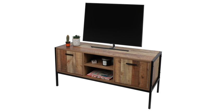 Meuble TV style rustique coloris chêne foncé avec 2 portes et 2 niches - dimensions 124x40xH49cm