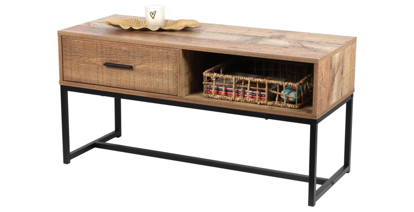 Table basse style rustique – 1 tiroir et une niche, coloris chêne clair, dimensions 100x40xH50 cm – Collection OAKLANDER