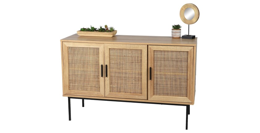 Buffet trois porte en jute, style campagne coloris chêne clair dimensions 120x39x75cm