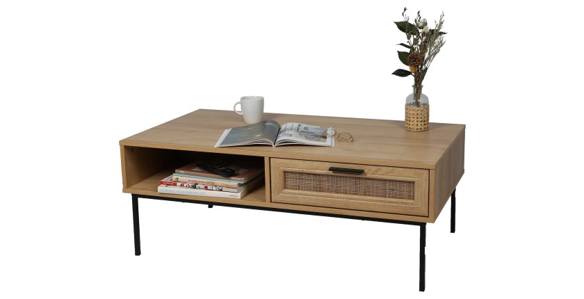 Table basse campagne avec une tiroir effet jute et une niche - 110x60xH42cm