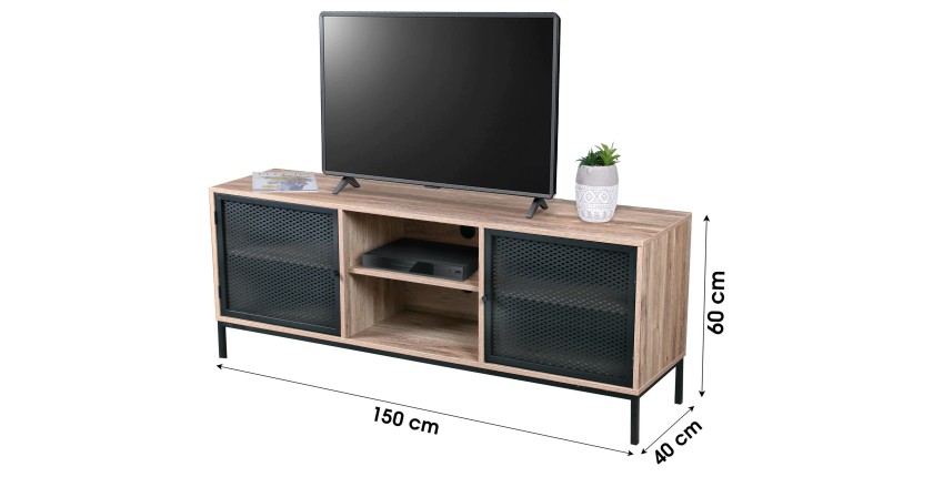 Meuble TV en bois avec grillage en métal noir avec deux niches - dimensions 150x40xH60cm