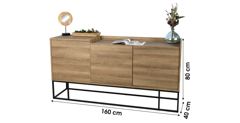 Buffet trois portes, style campagne coloris chêne clair - dimensions 160x40x80cm