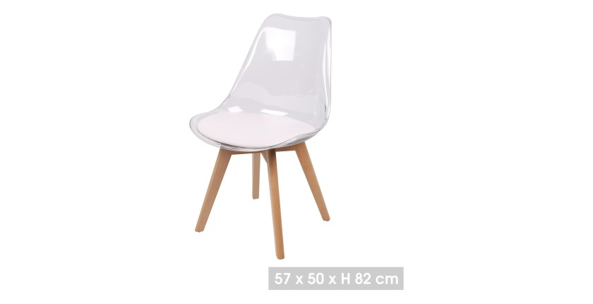 Chaise translucide avec assise en PU blanche et pieds en bois. Idéal pour un salon top tendance!