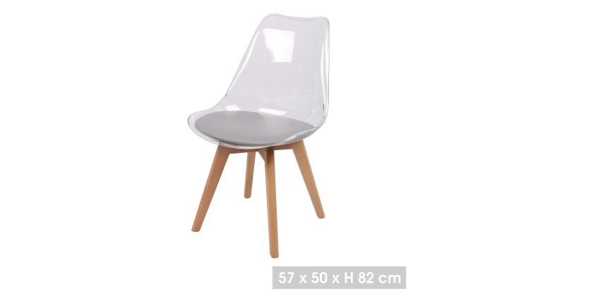 Chaise translucide avec assise en PU grise et pieds en bois