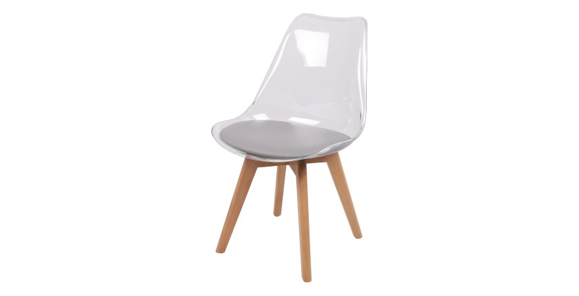 Chaise translucide avec assise en PU grise et pieds en bois
