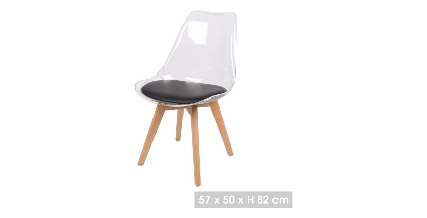 Chaise translucide avec assise en PU noir et pieds en bois. Idéal pour un salon top tendance!