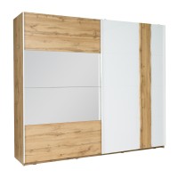 Armoire Wood 2 portes coulissantes avec miroir, coloris chêne et blanc