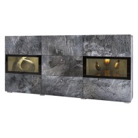 Buffet 2 portes et 3 tiroirs collection RAMOS. Coloris gris effet ardoise et noir