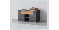 Banc de rangement design collection OHIO coloris gris anthracite et chêne vernis. 2 portes et 1 tiroir