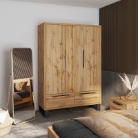 Armoire en bois style Scandinave 150cm avec 3 portes et 2 tiroirs couleur chêne brut. Collection MILOS