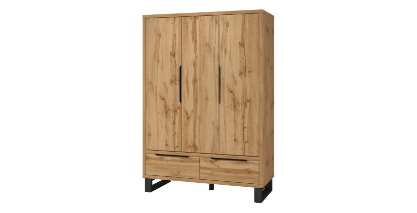 Armoire en bois style Scandinave 150cm avec 3 portes et 2 tiroirs couleur chêne brut. Collection MILOS