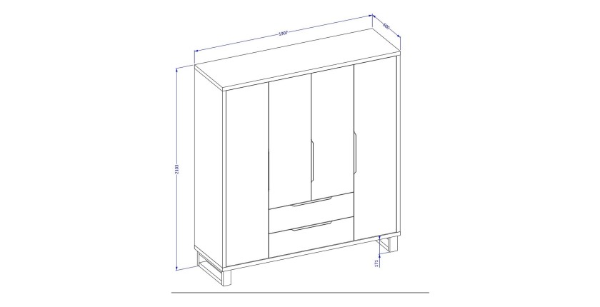 Armoire en bois style Scandinave 190cm avec 4 portes et 2 tiroirs couleur chêne brut. Collection MILOS