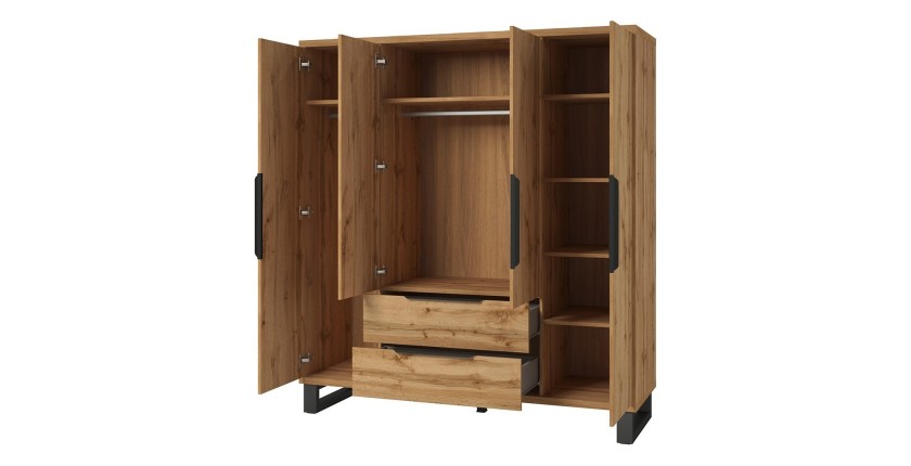 Armoire en bois style Scandinave 190cm avec 4 portes et 2 tiroirs couleur chêne brut. Collection MILOS