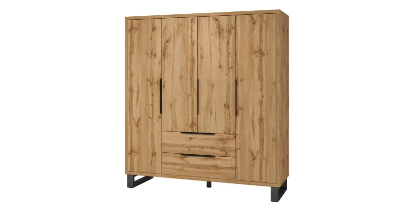 Armoire en bois style Scandinave 190cm avec 4 portes et 2 tiroirs couleur chêne brut. Collection MILOS