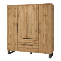 Armoire en bois style Scandinave 190cm avec 4 portes et 2 tiroirs couleur chêne brut. Collection MILOS