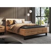 Lit adulte 140x200 style industriel - Collection MILOS. Coloris chêne brut et noir. Sommier inclus