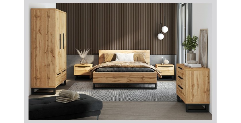 Lit adulte 140x200 style industriel - Collection MILOS. Coloris chêne brut et noir. Sommier inclus