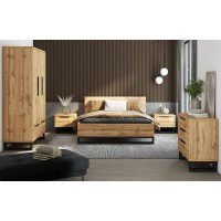 Ensemble lit 160x200 et deux chevets style industriel - Collection MILOS. Coloris chêne brut et noir. Sommier inclus