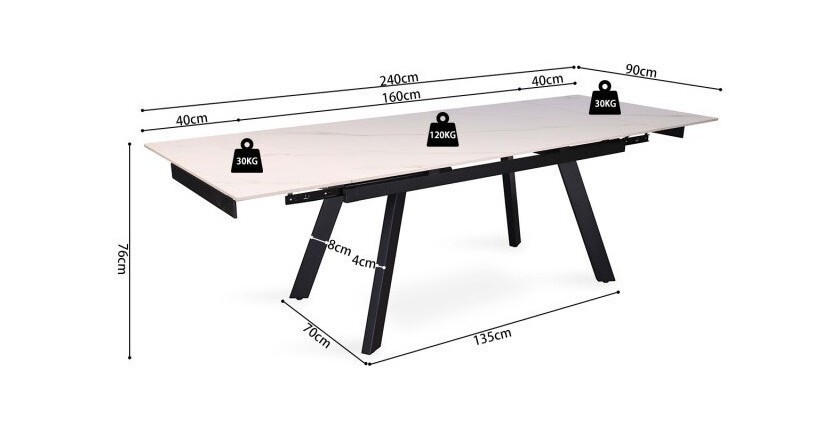 Table à manger collection LAROS en métal avec plateau blanc en pierre extensible jusqu'à 240cm